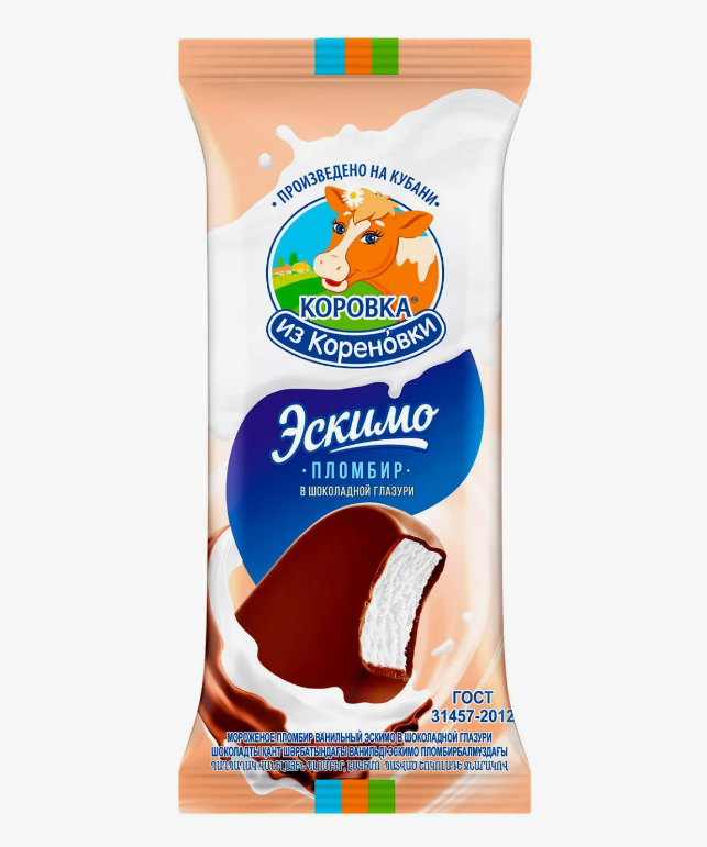 Мороженое эскимо Коровка из Кореновки пломбир ванил в шок глазури 70г